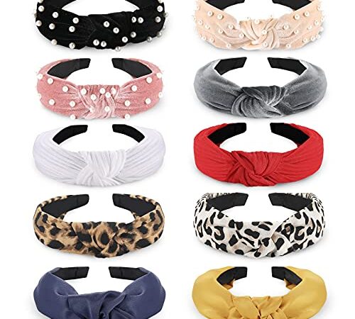 Fashion Headbands for Women Girls, Funtopia 10 Pcs Knotted Headbands Pearl Headband Wide Top Knot Turban Hair Bands Vintage Velvet Leopard Print Hair Hoops