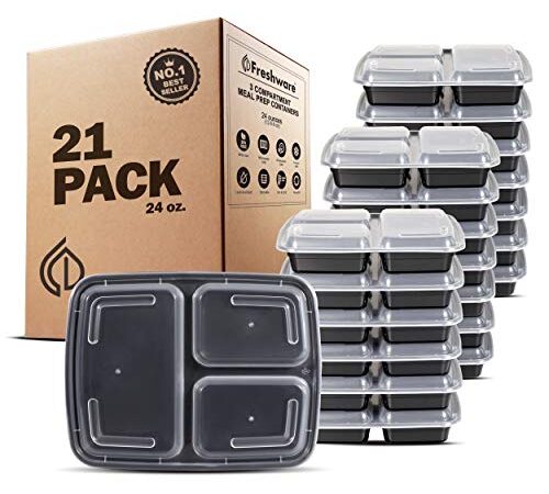 Freshware Meal Prep Containers [21 Pack] 3 Compartment with Lids, Food Storage Containers, Bento Box, BPA Free, Stackable, Microwave/Dishwasher/Freezer Safe (24 oz)