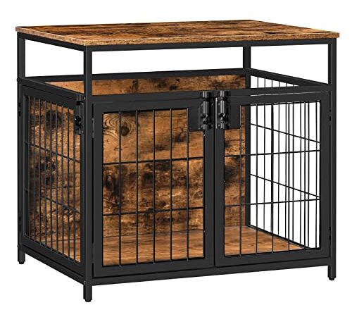 HOOBRO Dog Crate Furniture, Wooden Dog Crate, Dog Kennels with 3 Doors Indoor, Decorative Mesh Pet Crate End Table for Medium/Small Dog, Chew-Resistant Dog House, Rustic Brown and Black BF63GW03