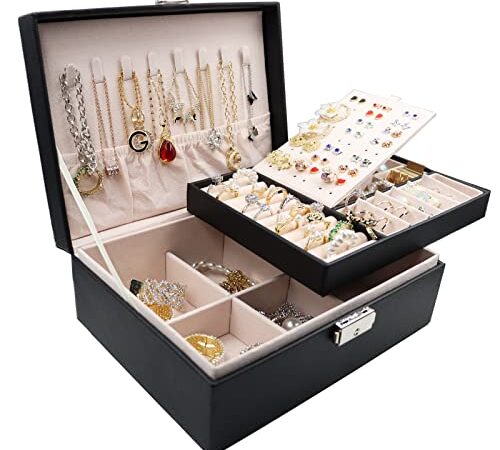 Jewelry Box Organizer Large, 2 Layer Jewelry Storage Case PU Leather Soft Lining Travel Jewelry Case with Lock for Women and Girls Rings Earrings Necklace Bracelets Watches, Black