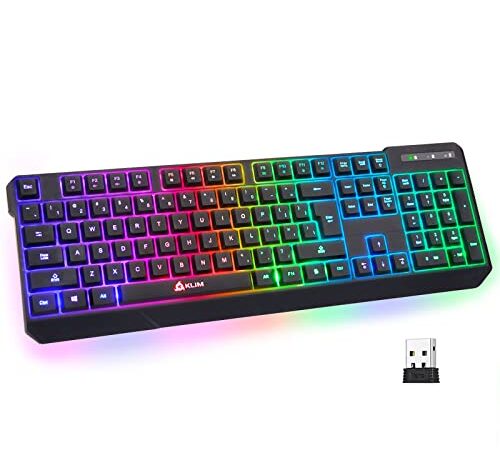 KLIM Chroma Wireless Gaming Keyboard RGB New 2022 Version - Long-Lasting Rechargeable Battery - Quick and Quiet Typing - Water Resistant Backlit Wireless Keyboard for PC PS5 PS4 Xbox One Mac - Black