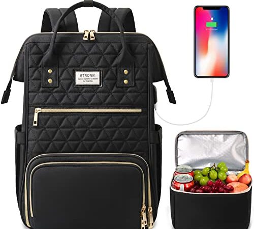 Lunch Backpack, 15.6in Laptop Backpack with USB Port, Teacher Nurse Work Backpack with Cooler Bag Insulated College School Laptop Bookbag Gifts for Women Men Girls, Black