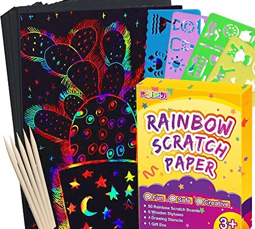 pigipigi Scratch Paper Art for Kids - 59 Pcs Magic Rainbow Scratch Paper Off Set Scratch Crafts Arts Supplies Kits Pads Sheets Boards for Party Games Christmas Birthday Gift