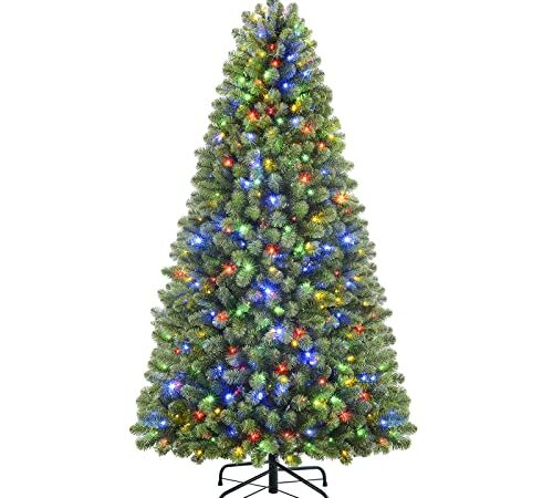 SHareconn 6ft Prelit Premium Artificial Hinged Christmas Tree with 330 Warm White & Multi-Color Lights, 1018 Branch Tips and Foldable Metal Stand, Perfect Choice for Xmas Decoration, 6 FT