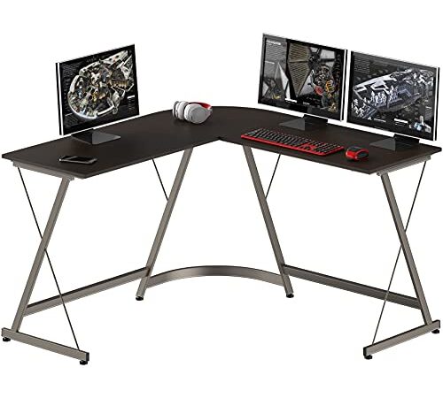 SHW Gaming Desk L-Shaped Office Computer Corner Table, Espresso