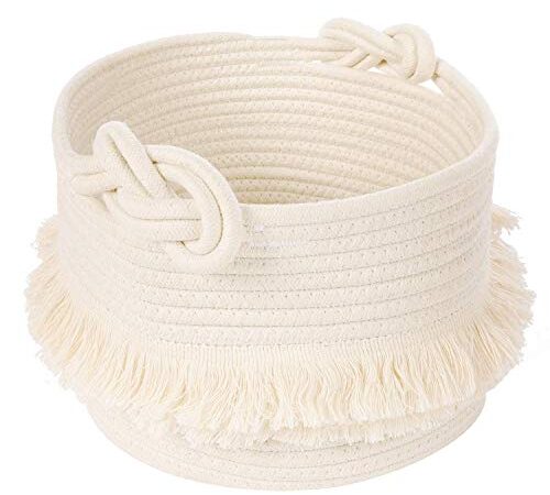 TIMEYARD Small Woven Storage Baskets Cotton Rope Decorative Hamper for Diaper, Blankets, Magazine and Keys, Cute Tassel Nursery Decor - Home Storage Container – 9.5'' x 7''