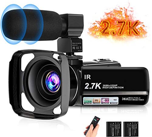 toberto 2.7K Video Camera HD Vlogging Camera Camcorder for YouTube 3.0" IPS Touch Screen IR Night Vision 16X Digital Zoom Recorder with Microphone,Len Hood,2 Batteries