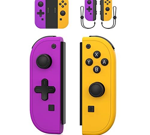 Upgraded Joycon for Switch/Lite/OLED, Replacement for Nintendo Joy Con Support Wake-up/Vibration Function and 6-Axis Gyroscope, Switch Joycon with Grip and Wrist Straps (Purple and Yellow)