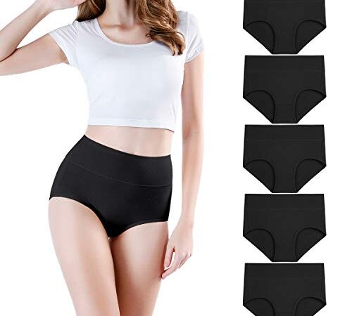 wirarpa Women's Cotton Underwear High Waist Briefs Full Coverage Panties Ladies Comfortable Underpants 5 Pack Black Large