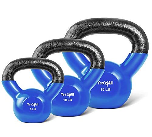 Yes4All Combo Vinyl Coated Kettlebell Weight Sets – Great for Full Body Workout and Strength Training – Vinyl Kettlebells 5 10 15 lbs