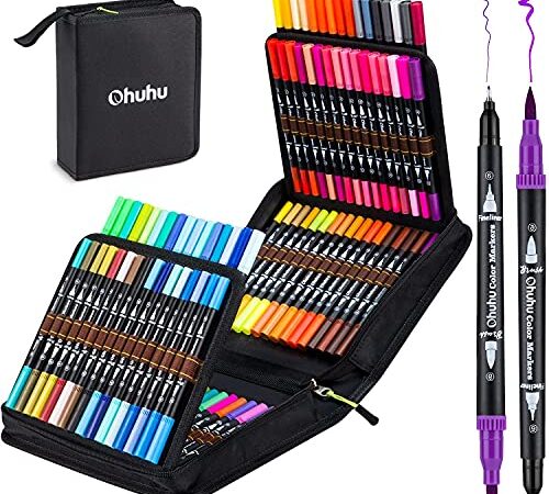 100 Colors Art Markers for Adult Coloring, Ohuhu Dual Tips Art Brush Marker Fineliner Color Marker Pens, Water Based Markers for Calligraphy Sketching Coloring Bullet Journal Pen Gifts for Kids