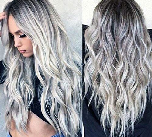 28 Inch Ombre Silver Wig Gray Long Curly Hair with Air Bangs with Free Wig Cap Cosplay Halloween Wig for Women