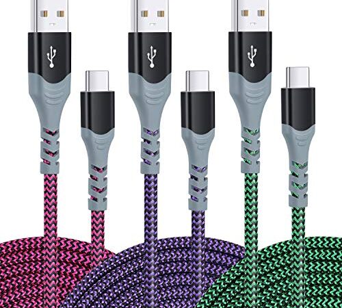 [3-Pack,10ft] USB C Cable Fast Charge, Pofesun Type C Charger Cord Braided USB C Charging Cable Compatible with Samsung Galaxy A10e A20 A50 A51 A71,S20 S10 Plus S10E,Note 20 10, Moto-Purple,Green,Rose