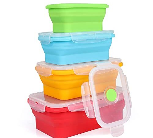 4 Pack Collapsible Food Storage Container, Silicone Leftover Meal Box for Kitchen, Foldable Bento Lunch Boxes ,BPA Free, Microwave, Dishwasher Safe,Saves Your Space,No more cluttered container cabinet