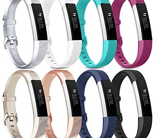 8 Pack Bands Compatible with Fitbit Alta / Fitbit Alta HR Band, Classic Soft Silicone Sport Replacement Wristbands Straps for Fitbit Alta / Alta HR Women Men (Gold/Silver/Rose Gold/Teal/Black/Navy Blue/White/Purple Red, Small)