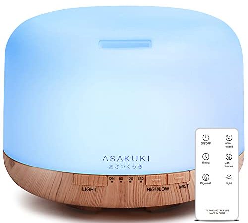 ASAKUKI 500ml Essential Oil Diffuser, 5 in 1 Premium Ultrasonic Aromatherapy Fragrant Oil Vaporizer Humidifier with Remote Control, 3 Timer and Auto-Off Safety Switch, 7 LED Light Colors