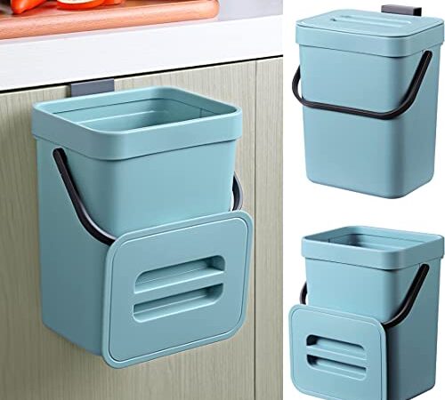 Awekliy Indoor Kitchen Compost Bin with Lid, 1.3 Gallons Hanging Small Trash Can Under Sink, Sealed Countertop Container, No Odor, for Kitchen/Bathroom/Camping (Blue)