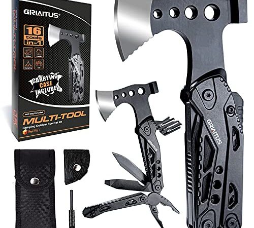 Camping Multitool Accessories Gifts for Men Dad 16 in 1 Upgraded Multi Tool Survival Gear with Axe Hammer Pliers Saw Screwdrivers Bottle Opener Whistle & Portable Sheath for Hiking,Hunting,Fishing