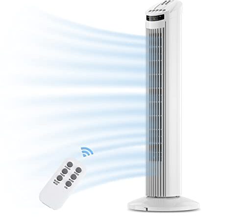 CHRUN 30" Oscillating Tower Fan with Remote, 70° Oscillating Fan with 3 Speeds, 7.5 Timer and Portable Floor Bladeless Fan for Bedroom and Home Office Use, White