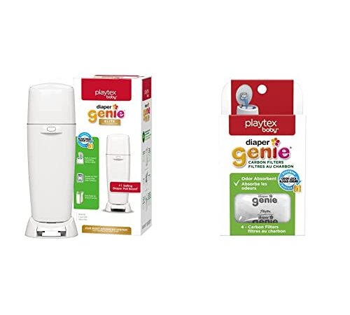 Diaper Genie Elite Diaper Pail System with Front Tilt Pail for Easy Diaper Disposal, White & Diaper Genie Playtex Carbon Filter Refill Tray for Diaper Pails, 4 Carbon Filters