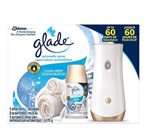 Glade Automatic Air Freshener and Odor Eliminator Starter Kit, Fights Tough Odors, Clean Linen, 1 Refill and 1 Holder