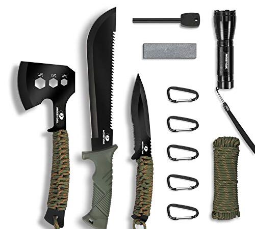 Mossy Oak Axe and Fixed Blade Knife with Sheath, One-Piece Camping Hatchet and Hunting Knife with Rope Handle, Includes Zoomable Tactical Flashlight and Many Other Tools, 15 Pieces Camping Tool Set