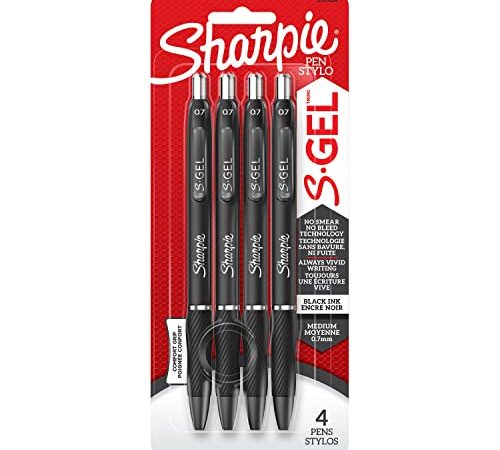 Sharpie S-Gel, Gel Pens, Medium Point (0.7mm), Black Gel Ink Pens, 4 Count