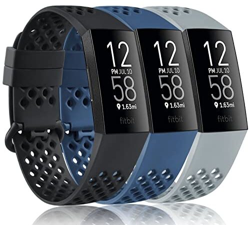 Vancle Bands Compatible with Fitbit Charge 4 Bands and Fitbit Charge 3 Bands, Soft Silicone Breathable Sport Band Replacement Wristbands with Air Holes for Charge 4 Charge 3 Charge 3 SE Fitness Tracker Women Men Small Large (001, 3PC(Black+Navy+Grey), Large)