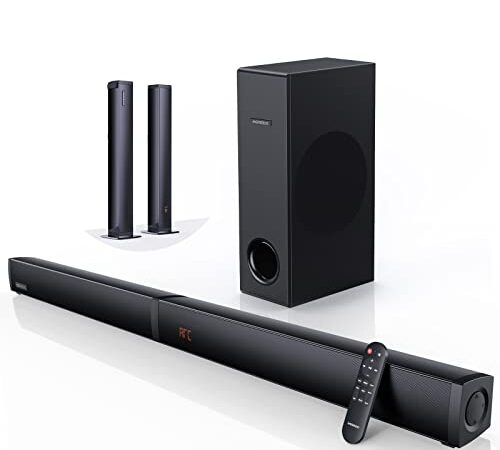 180W Sound Bar MEREDO 2 in 1 Detachable Soundbar for TV 2.1CH Soundbar with Subwoofer 5 EQ Modes Treble & Bass Adjust (HDMI ARC Cable) Optical/Bluetooth 5.0/AUX, 12L Deep Bass for Home Theater-37 Inch