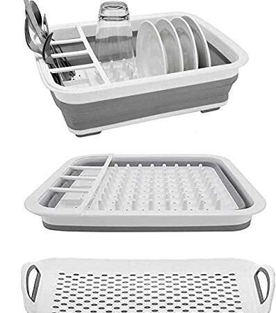 AAKitchen Collapsible Dish Rack and Drainboard Set Foldable Dish Drying Rack Portable Dish Drainer Storage Organizer Camping RV Kitchen Accessories for RV Campers Travel Trailers