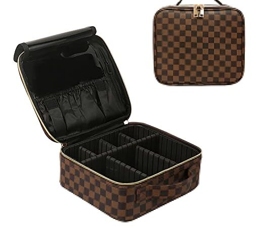 Cosmetic Bag with Adjustable Dividers Toiletry Bag Artist Storage Bag Cosmetic Travel Bag Checkered Makeup Bags for Women Hand-Portable PU Leather Waterproof (Brown)