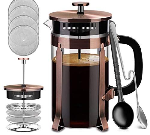 French Press, Premium 8 Cup 34-Ounce No Grounds Coffee Tea Maker, 4 Level Filtration System & Extra 4 Filters Screen, 2 Spoons for Measuring and Mixing, Heat-Resistant Borosilicate Glass