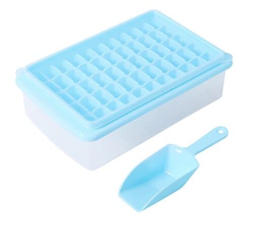 Ice Cube Tray with Lid and Bin for Freezer, Easy Release 55 Nugget Ice Tray with Cover, Storage Container, Scoop. Perfect Small Ice Cube Maker Tray & Mold. Flexable Durable Plastic, BPA Free