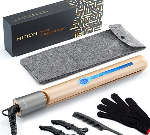 NITION Professional Salon Hair Straightener Argan Oil Tourmaline Ceramic Titanium Straightening Flat Iron for Healthy Styling,LCD 265°F-450°F,2-in-1 Curling Iron for All Hair Type,Gold,1 inch Plate