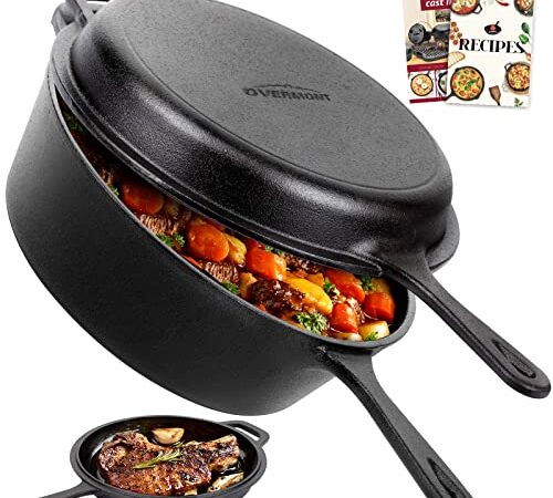 Overmont Cast Iron Skillets 3.2 QT Deep Pot + Frying Pan Lid Pre-Seasoned Multi Cooker Skillet Set Dutch Oven Suitable for Grill, Baking, Works on Induction, Electric, Stovetop