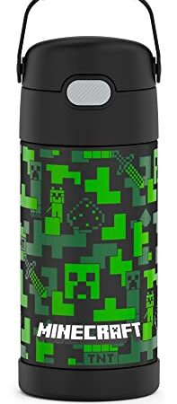 THERMOS FUNTAINER 12 Ounce Stainless Steel Vacuum Insulated Kids Straw Bottle, Minecraft (F4101MI6)