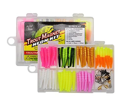 Trout Magnet 82 Piece Neon Fishing Kit, Catches All Types of Fish, Includes 70 Grub Bodies and 12 Size 8 Hooks