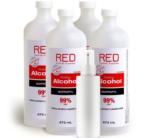 4 Bottles Isopropyl Rubbing Alcohol 99%, 473mL - Topical First Aid Antiseptic Cleaner – 99 Percent Isopropanol Sterilization Solution, Made in Canada (4 Bottles, 473mL)