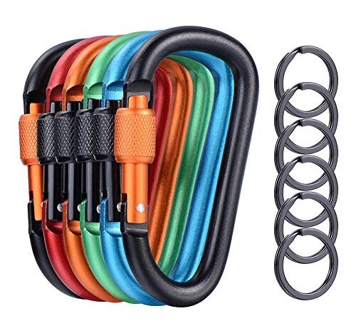 6 Pcs Upgraded D-Ring Locking Carabiner, 3.1 Inch D Shape Keychain Clips for Outdoor, Camping, Hiking, Fishing, Home RV, Travel, 6 Spring-Loaded Gate Hook with 6 Key Rings