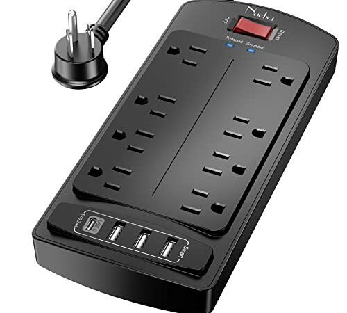 6Ft Extension Cord Power Bar - Nuetsa Surge Protector 8 AC Outlets and 4 USB Ports(3U1C), 6 Feet Power Strip (1625W/13A) for for Home, Office, 2700 Joules, ETL Listed, Black