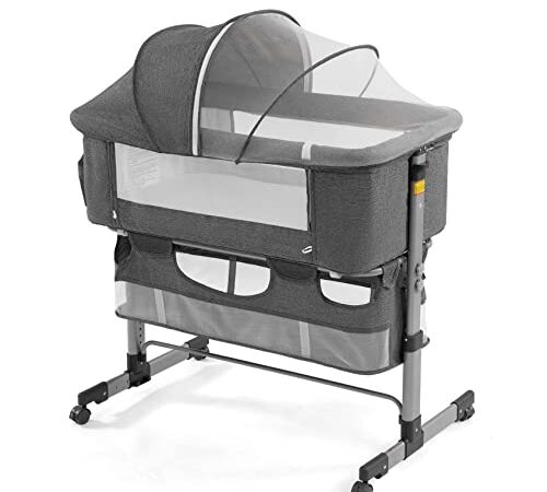 Bedside Sleeper Bedside Crib, Baby Bassinet 3 in 1 Travel Baby Crib Baby Bed with Breathable Net, Adjustable Portable Bed for Infant/Baby,Gray