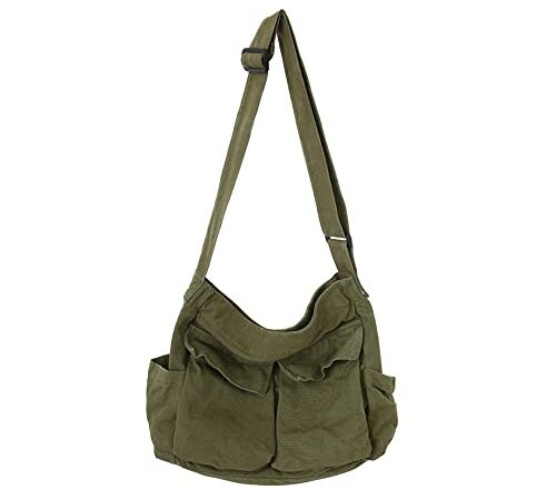 Canvas Messenger Bag Large Hobo Crossbody Bag with Multiple Pockets Canvas Shoulder Tote Bag for Women and Men, Army Green, 15.74*13.38*5.90in