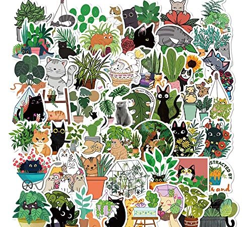 Cats & Plants Stickers | 50PCS | Cute Cartoon Cat Green Potted Plant Stickers Pack, Vinyl Waterproof Black Cat Decals for Water Bottle, Laptop, Skateboard, Gifts for Kids Teens Adults(Cats & Plants)