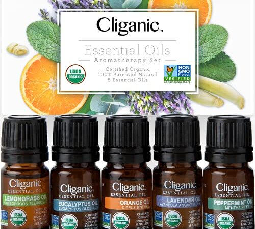 Cliganic Organic Essential Oils Set (Top 5) - 100% Pure Natural - Aromatherapy, Candle Making - Peppermint, Lavender, Eucalyptus, Lemongrass & Orange