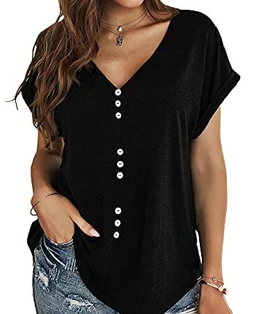 Diosun Womens V-Neck Button T Shirts Roll Up Short Sleeve Tops Casual Tunic Loose Fit Henley Blouse X-Large Black