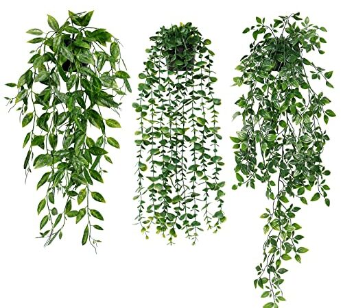 Dremisland 3Pcs Artificial Hanging Plants-Artificial Hanging Plants Potted Greenery Decor-Eucalyptus Mandala Snow Pea Vine in Pot Plants for Office Farmhouse Home Indoor Outdoor Decor (3Pack-A)