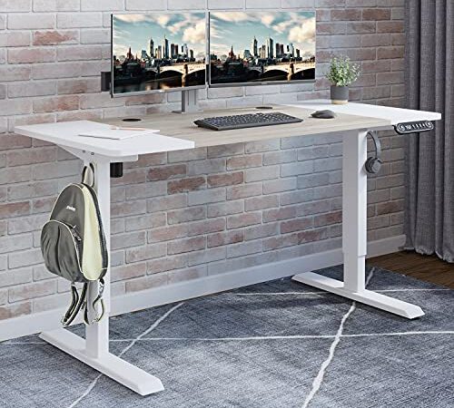 Electric Height Adjustable Standing Desk, Radlove 55 x 24 Inches Stand Up Desk Workstation, Splice Board Home Office Computer Standing Table Ergonomic Desk (White Frame + 55" White+Maple Top)