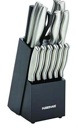 Farberware 15-Piece Stamped Stainless Steel Knife Block Set, High-Carbon Stainless Steel Kitchen Knife Set with Ergonomic Handles, Razor-Sharp Knives with Wood Block, 15-Piece, Black 2