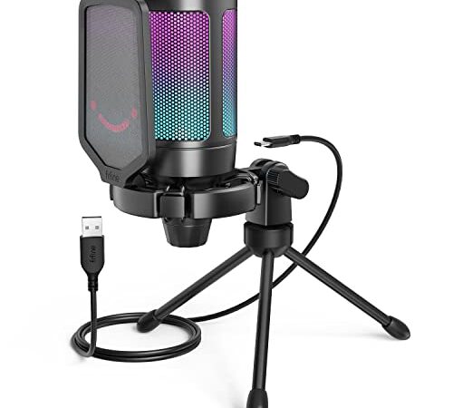 Fifine USB Gaming Microphone for Computer PC PS5, RGB Condenser Mic with Quick Mute, Gain Control, Tripod Stand, Pop Filter, Shock Mount, for Streaming Discord Twitch YouTube Videos