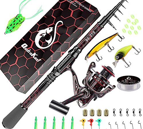 Fishing Rod and Reel Combos, Unique Design with X-Warping Painting, Carbon Fiber Telescopic Fishing Rod with Reel Combo Kit with Tackle Box